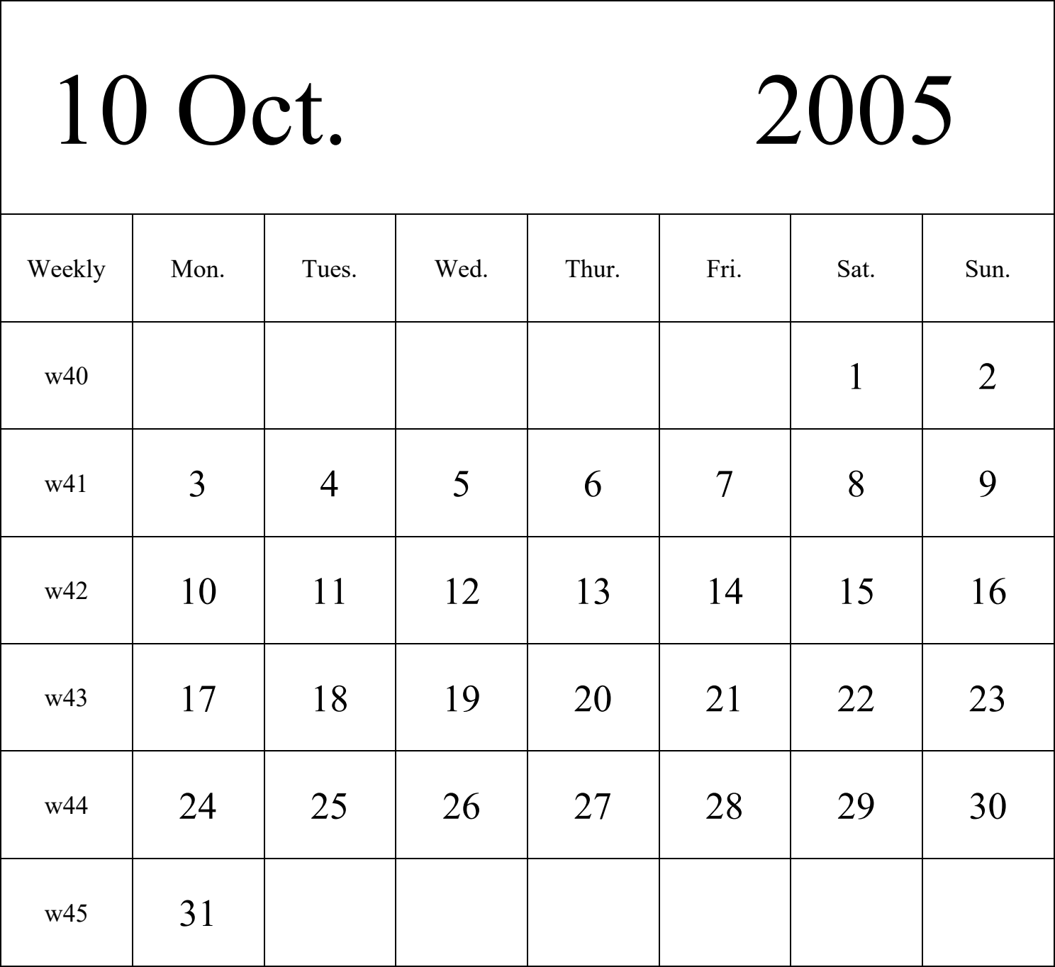 日历表2005年日历 英文版 纵向排版 周一开始 带周数 带节假日调休安排